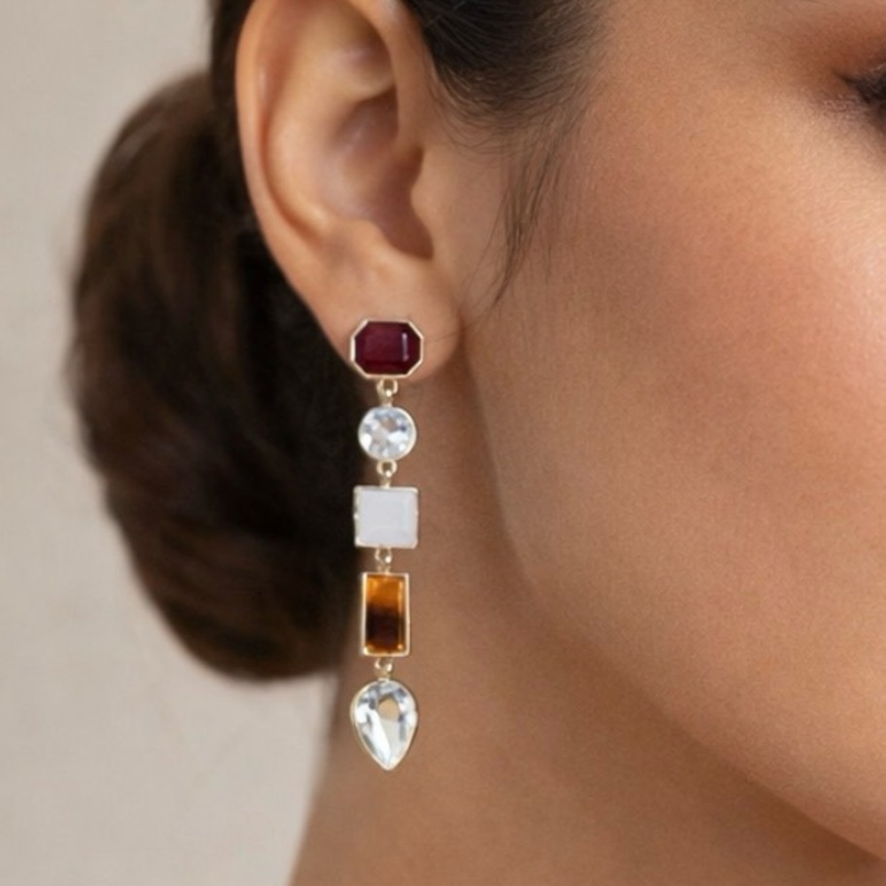 Multi-Stone Gold Tone Statement Drop Earrings